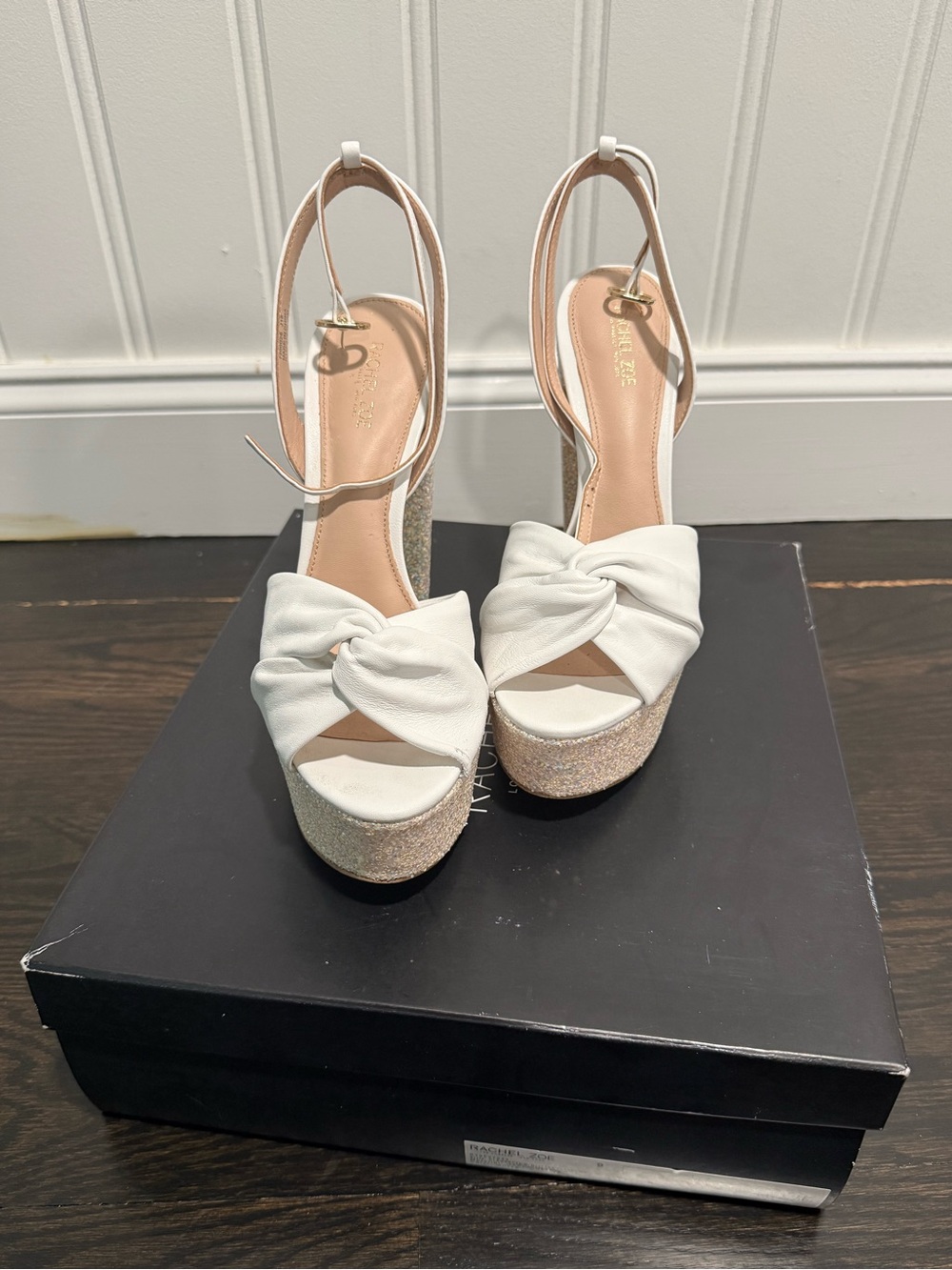 Rachel Zoe White Claudette Platform Sandals with Glitter Heel US 9